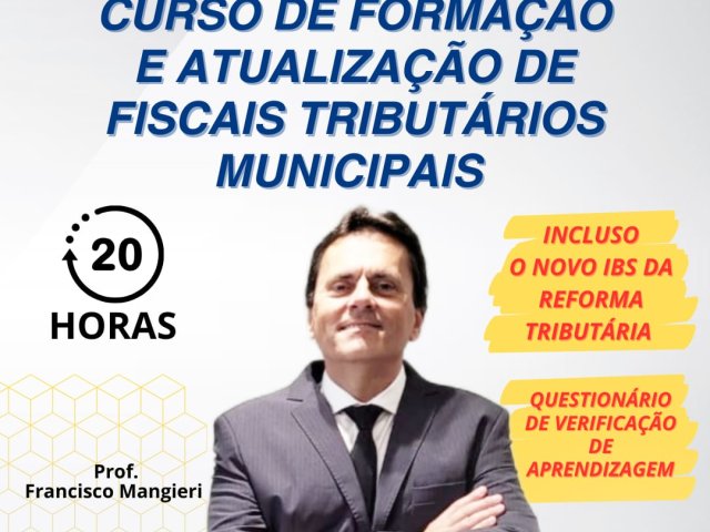 CURSO DE FORMAÇÃO E ATUAL. DE FISCAIS MUNICIPAIS - 20h - CONTEÚDO: como se sabe, em regra, as administrações tributárias municipais não oferecem treinamento para o ingresso de novos fiscais nos seus quadros e poucas oportunidades de atualização e reciclagem para os veteranos. 
Sensível a essa situação, a nossa empresa resolveu preencher tal lacuna, oferecendo aos municípios um curso voltado aos iniciantes na carreira e ao mesmo tempo muito importante para a atualização e aperfeiçoamento de fiscais experientes. O programa une teoria e prática, possibilitando aos novatos iniciarem os seus trabalhos de modo organizado e seguro, a partir da assimilação dos pontos fundamentais da matéria.
E o melhor: um treinamento totalmente à distância, com vídeos gravados e aulas ao vivo gravadas, apostila, slides e questionário de verificação de aprendizagem, abordando o Sistema Tributário Nacional, o CTN e os tributos municipais em espécie.
